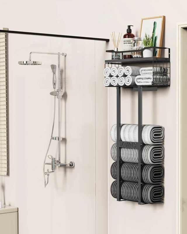 Alt view image 5 of 7 - Towel Racks for Bathroom 31inch Wall Mounted Towel Rack,Floating Shelf with Wood Plank,Towel Storage for Bathroom can Holds 6 Large Rolled Towels,All Black