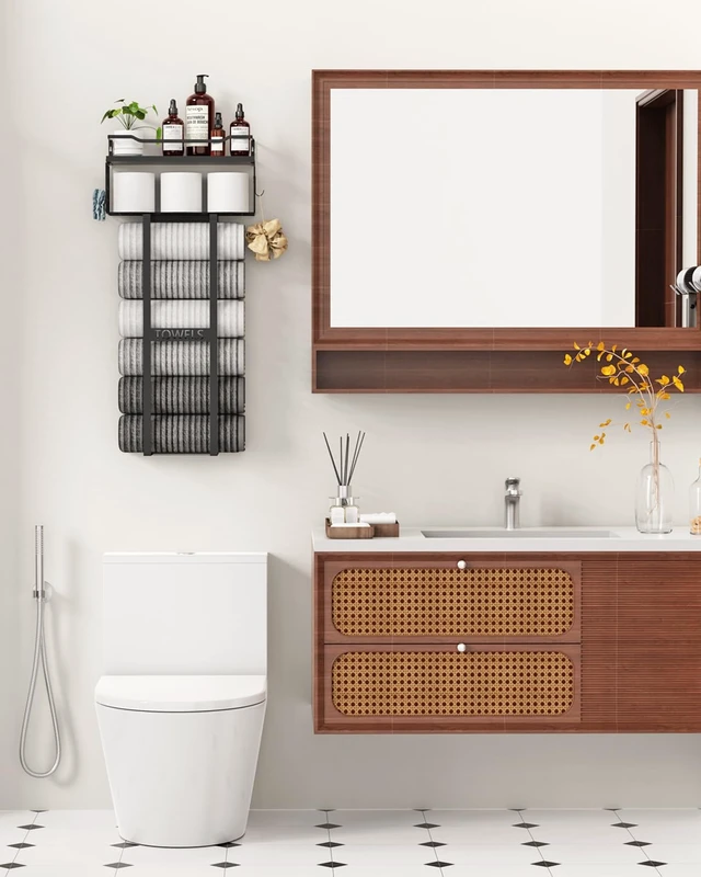 Alt view image 6 of 7 - Towel Racks for Bathroom 31inch Wall Mounted Towel Rack,Floating Shelf with Wood Plank,Towel Storage for Bathroom can Holds 6 Large Rolled Towels,All Black