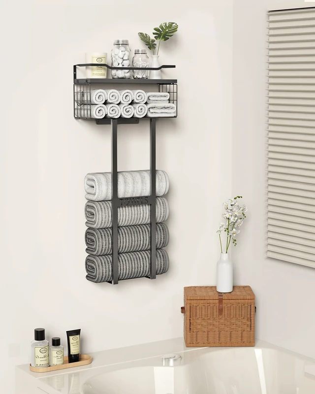 Alt view image 7 of 7 - Towel Racks for Bathroom 31inch Wall Mounted Towel Rack,Floating Shelf with Wood Plank,Towel Storage for Bathroom can Holds 6 Large Rolled Towels,All Black