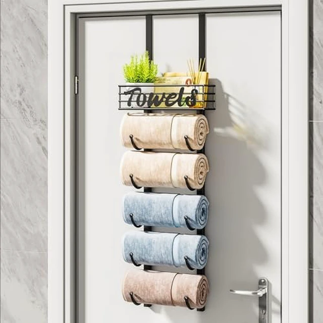 Alt view image 2 of 7 - Towel Racks for Bathroom Storage - 6 Tier Over The Door & Wall Mount Rolled Towel Storage Organizer Holder with Metal Shelf Basket for Small Bathroom, Camper, Rv - Black, Patented