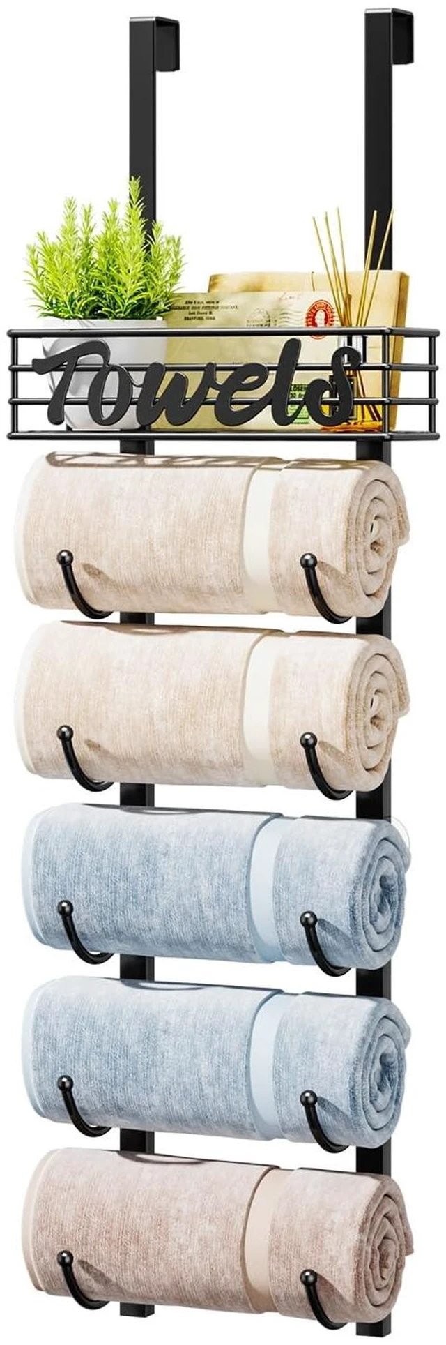 Main image of Towel Racks for Bathroom Storage - 6 Tier Over The Door & Wall Mount Rolled Towel Storage Organizer Holder with Metal Shelf Basket for Small Bathroom, Camper, Rv - Black, Patented