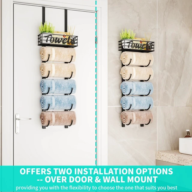 Alt view image 3 of 7 - Towel Racks for Bathroom Storage - 6 Tier Over The Door & Wall Mount Rolled Towel Storage Organizer Holder with Metal Shelf Basket for Small Bathroom, Camper, Rv - Black, Patented