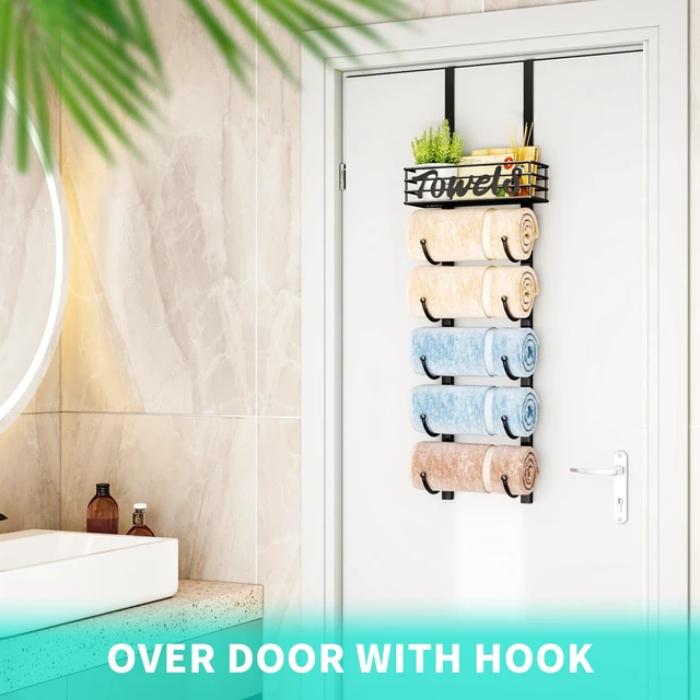 Alt view image 4 of 7 - Towel Racks for Bathroom Storage - 6 Tier Over The Door & Wall Mount Rolled Towel Storage Organizer Holder with Metal Shelf Basket for Small Bathroom, Camper, Rv - Black, Patented