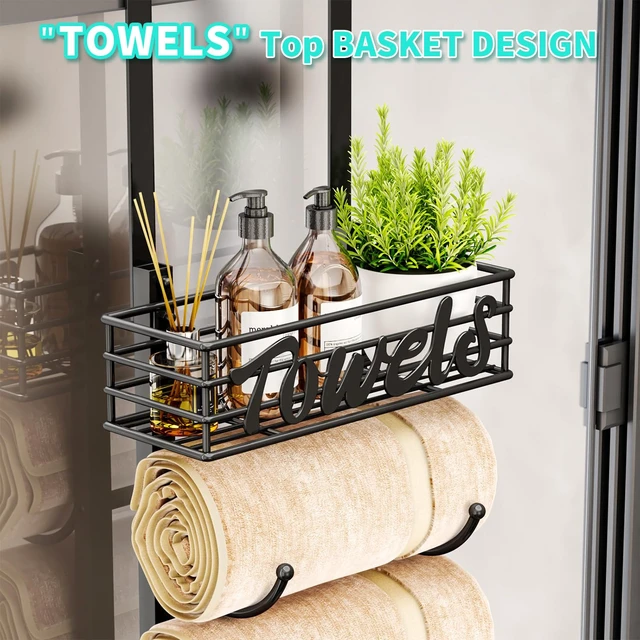 Alt view image 5 of 7 - Towel Racks for Bathroom Storage - 6 Tier Over The Door & Wall Mount Rolled Towel Storage Organizer Holder with Metal Shelf Basket for Small Bathroom, Camper, Rv - Black, Patented