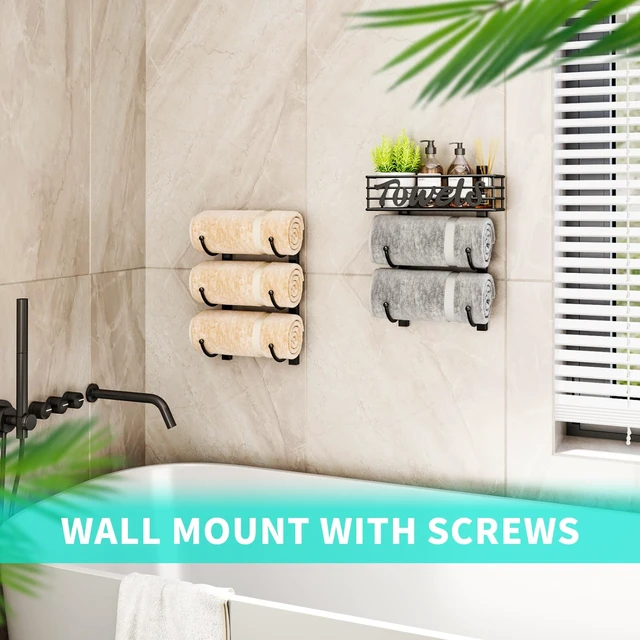 Alt view image 7 of 7 - Towel Racks for Bathroom Storage - 6 Tier Over The Door & Wall Mount Rolled Towel Storage Organizer Holder with Metal Shelf Basket for Small Bathroom, Camper, Rv - Black, Patented