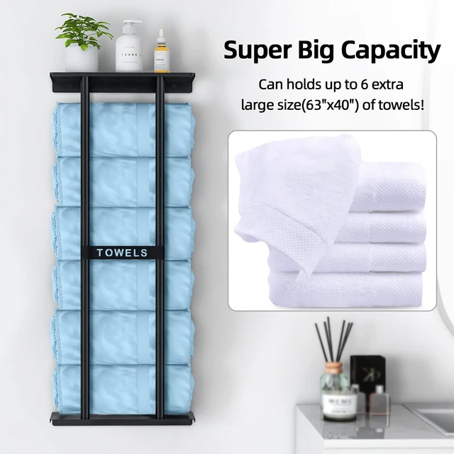Alt view image 2 of 6 - Towel Racks for Bathroom, Bathroom Towel Storage Wall Mounted 30 inch with Shelf Can Holds 6 Large Towels, Wall Towel Rack for Rolled Towels, Black