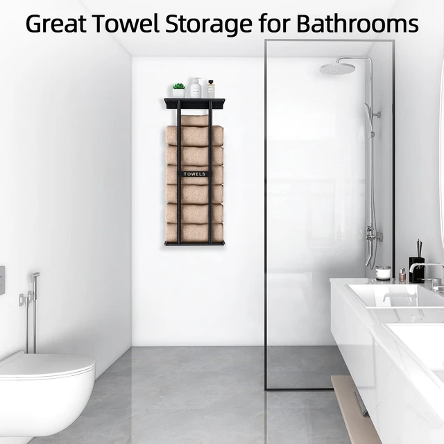 Alt view image 5 of 6 - Towel Racks for Bathroom, Bathroom Towel Storage Wall Mounted 30 inch with Shelf Can Holds 6 Large Towels, Wall Towel Rack for Rolled Towels, Black