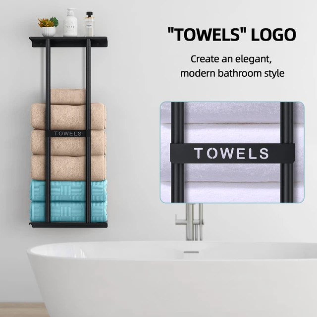 Alt view image 6 of 6 - Towel Racks for Bathroom, Bathroom Towel Storage Wall Mounted 30 inch with Shelf Can Holds 6 Large Towels, Wall Towel Rack for Rolled Towels, Black