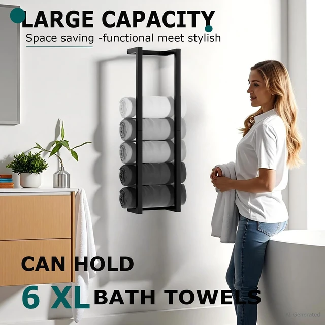 Alt view image 3 of 7 - 304 Stainless Steel Towel Racks for Bathroom | 30 Inch Towel Storage Rack for 6-8 Large Rolled Towels,Matte Black Towel Holder,Wall Mounted Towel Organizer