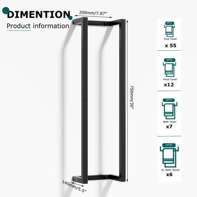 Alt view image 5 of 7 - 304 Stainless Steel Towel Racks for Bathroom | 30 Inch Towel Storage Rack for 6-8 Large Rolled Towels,Matte Black Towel Holder,Wall Mounted Towel Organizer