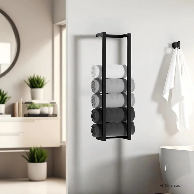 Alt view image 7 of 7 - 304 Stainless Steel Towel Racks for Bathroom | 30 Inch Towel Storage Rack for 6-8 Large Rolled Towels,Matte Black Towel Holder,Wall Mounted Towel Organizer