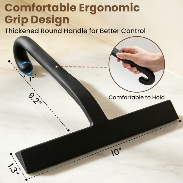 Alt view image 2 of 7 - 10 Inch Silicone Shower Squeegee for Glass Doors, Streak-Free, Black | No-Squeak Silicone Blade, Ergonomic Round Grip and Built-In Hook for Quick Daily Cleaning of Shower Glass, Tile and Windows