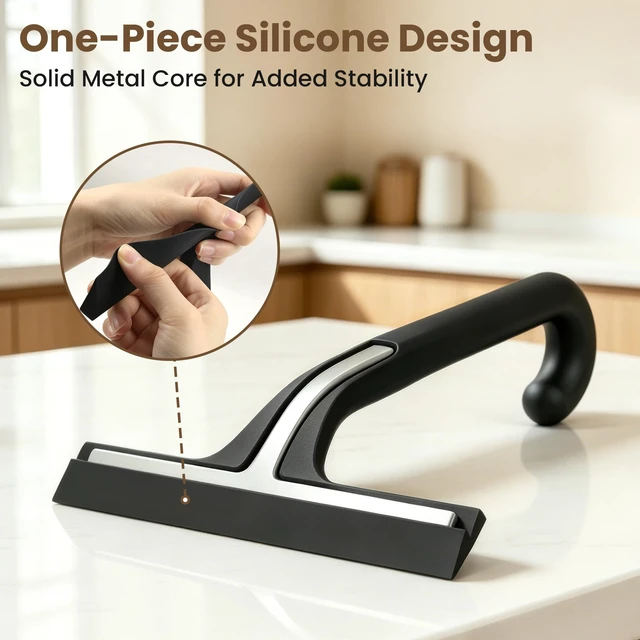 Alt view image 5 of 7 - 10 Inch Silicone Shower Squeegee for Glass Doors, Streak-Free, Black | No-Squeak Silicone Blade, Ergonomic Round Grip and Built-In Hook for Quick Daily Cleaning of Shower Glass, Tile and Windows