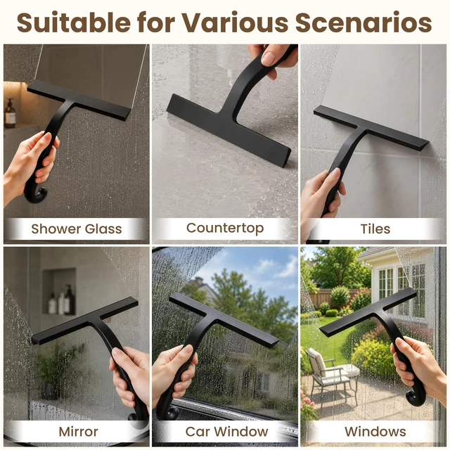 Alt view image 7 of 7 - 10 Inch Silicone Shower Squeegee for Glass Doors, Streak-Free, Black | No-Squeak Silicone Blade, Ergonomic Round Grip and Built-In Hook for Quick Daily Cleaning of Shower Glass, Tile and Windows