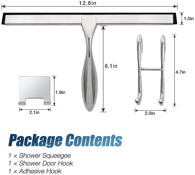 Alt view image 4 of 7 - 12-Inch Shower Squeegee Set, Includes Shower Door Hook and Adhesive Hook, Squeegee for Shower Doors, Mirror and Window, Silver