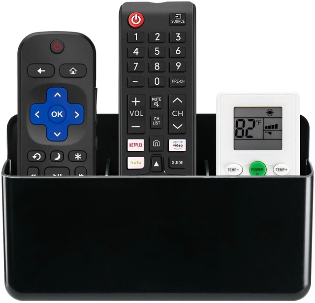 Main image of 3 Slot Adjustable Remote Control Holder Wall Mount, TV Remote Box Hollow Bottom Slot Easy Phone Charging, Self Adhesive Remote Holder,Wall Pen Holder Storage Accessories for Home Office School (Black)
