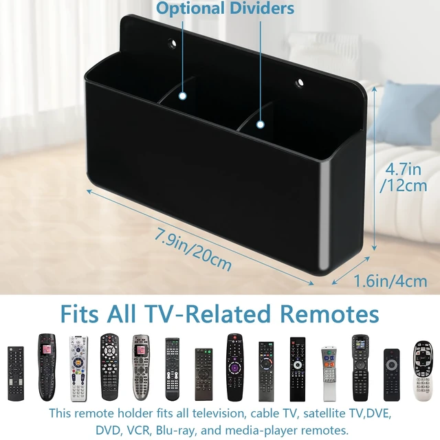 Alt view image 2 of 7 - 3 Slot Adjustable Remote Control Holder Wall Mount, TV Remote Box Hollow Bottom Slot Easy Phone Charging, Self Adhesive Remote Holder,Wall Pen Holder Storage Accessories for Home Office School (Black)