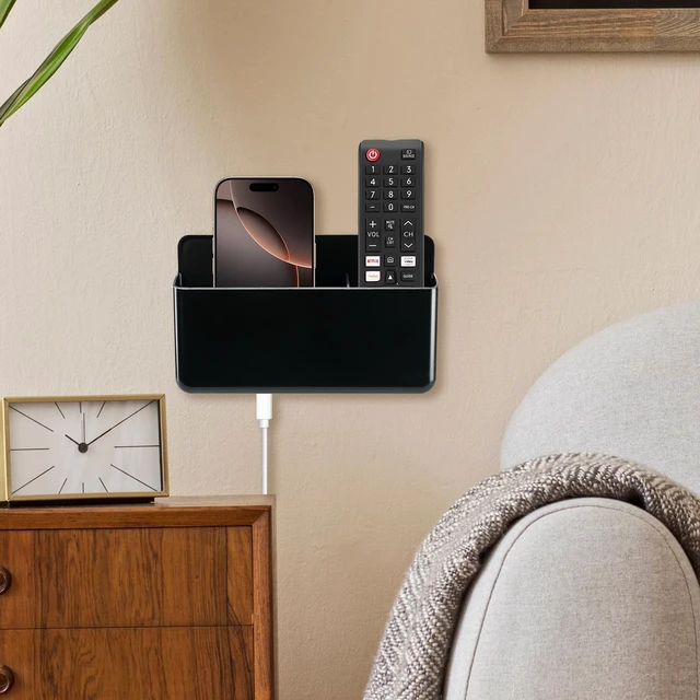 Alt view image 4 of 7 - 3 Slot Adjustable Remote Control Holder Wall Mount, TV Remote Box Hollow Bottom Slot Easy Phone Charging, Self Adhesive Remote Holder,Wall Pen Holder Storage Accessories for Home Office School (Black)