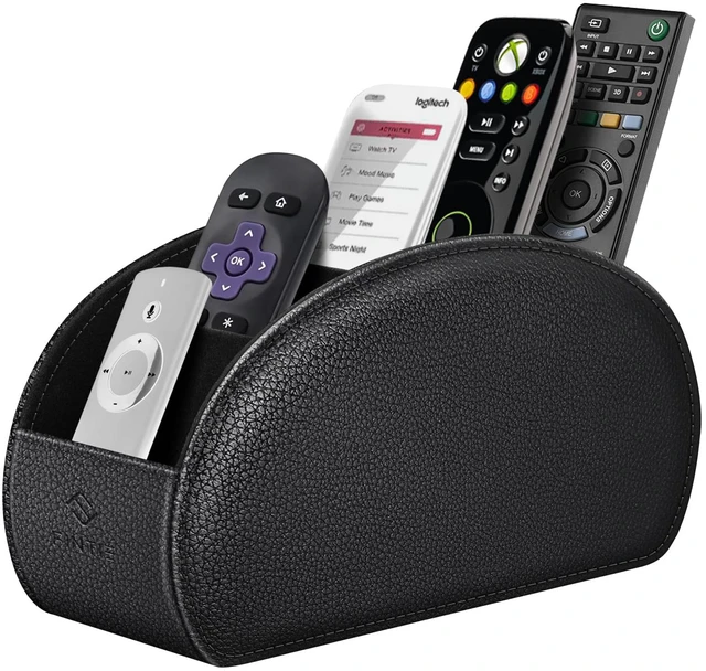Main image of Remote Control Holder with 6 Compartments Vegan Leather | TV Remoter Caddy Desktop Makeup Brush Holder Storage, Fits TV Remotes, Media Controllers, Office Supplies, Black