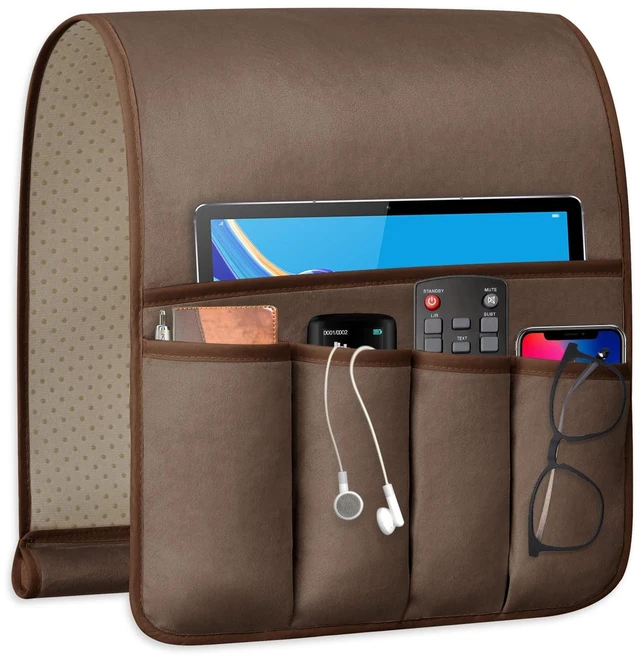 Main image of Remote Control Holder for Armchair Caddy, Remote Holder with 5 Pockets | Couch TV Remote Holder with Non-Slip Base, Bedside Caddy Organizer for Key Glasses Phone Magazine (Brown, 35"x12.4")
