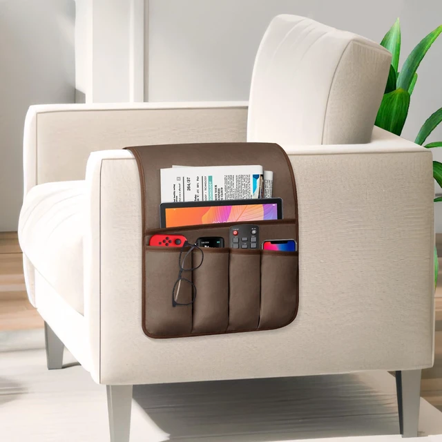Alt view image 2 of 7 - Remote Control Holder for Armchair Caddy, Remote Holder with 5 Pockets | Couch TV Remote Holder with Non-Slip Base, Bedside Caddy Organizer for Key Glasses Phone Magazine (Brown, 35"x12.4")