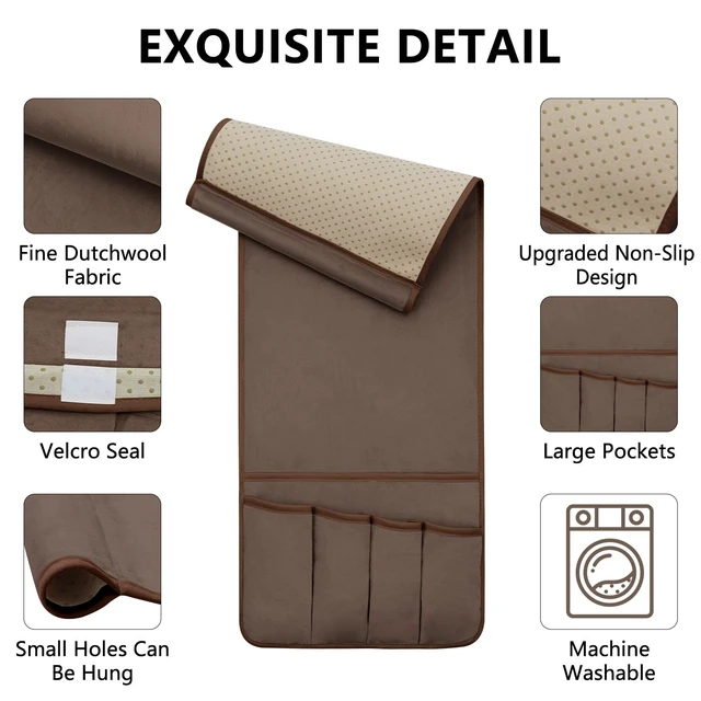 Alt view image 4 of 7 - Remote Control Holder for Armchair Caddy, Remote Holder with 5 Pockets | Couch TV Remote Holder with Non-Slip Base, Bedside Caddy Organizer for Key Glasses Phone Magazine (Brown, 35"x12.4")