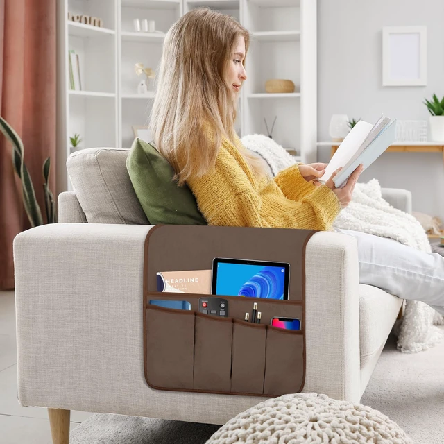 Alt view image 3 of 7 - Remote Control Holder for Armchair Caddy, Remote Holder with 5 Pockets | Couch TV Remote Holder with Non-Slip Base, Bedside Caddy Organizer for Key Glasses Phone Magazine (Brown, 35"x12.4")