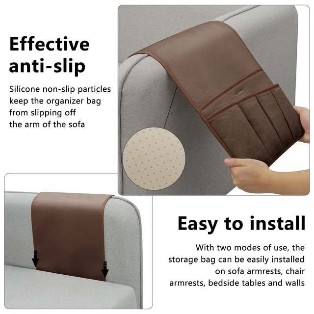 Alt view image 6 of 7 - Remote Control Holder for Armchair Caddy, Remote Holder with 5 Pockets | Couch TV Remote Holder with Non-Slip Base, Bedside Caddy Organizer for Key Glasses Phone Magazine (Brown, 35"x12.4")
