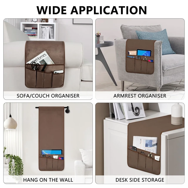 Alt view image 5 of 7 - Remote Control Holder for Armchair Caddy, Remote Holder with 5 Pockets | Couch TV Remote Holder with Non-Slip Base, Bedside Caddy Organizer for Key Glasses Phone Magazine (Brown, 35"x12.4")
