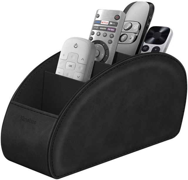 Main image of Remote Control Holder with 5 Compartments, Black | Vegan Leather, Anti-slip, Desktop Caddy Storage Organizer, For Office Supplies, Makeup Brush, Media Accessories