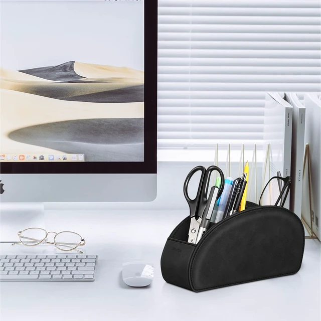 Alt view image 5 of 7 - Remote Control Holder with 5 Compartments, Black | Vegan Leather, Anti-slip, Desktop Caddy Storage Organizer, For Office Supplies, Makeup Brush, Media Accessories