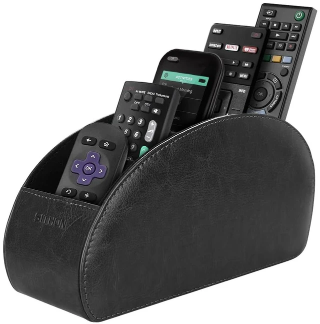 Main image of Remote Control Holder with 5 Compartments | PU Leather Remote Caddy Desktop Organizer Store TV, DVD, Blu-Ray, Media Player, Heater Controllers, Black