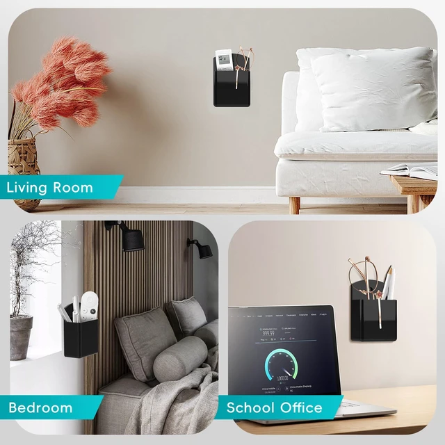 Alt view image 7 of 7 - 2-Pack Remote Control Holder, Adhesive Wall-Mount Remote Holder, Black | TV controller organizer doubles as a wall pen holder for desk accessories and small-item storage at home, office, or school.