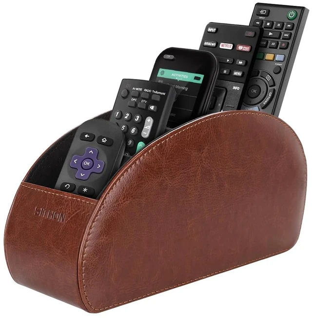 Main image of Remote Control Holder with 5 Compartments | PU Leather Remote Caddy Desktop Organizer Store TV, DVD, Blu-Ray, Media Player, Heater Controllers, Brown