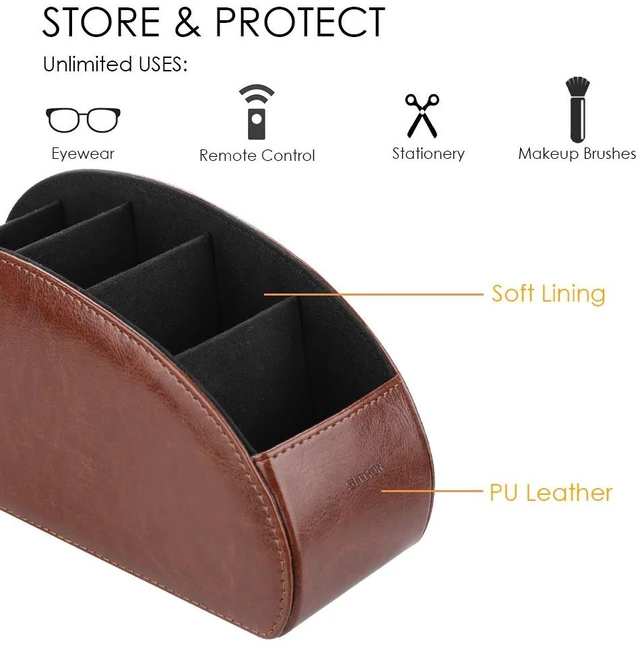 Alt view image 2 of 6 - Remote Control Holder with 5 Compartments | PU Leather Remote Caddy Desktop Organizer Store TV, DVD, Blu-Ray, Media Player, Heater Controllers, Brown
