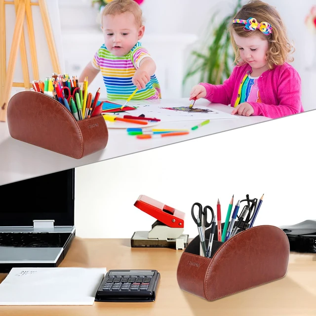 Alt view image 4 of 6 - Remote Control Holder with 5 Compartments | PU Leather Remote Caddy Desktop Organizer Store TV, DVD, Blu-Ray, Media Player, Heater Controllers, Brown