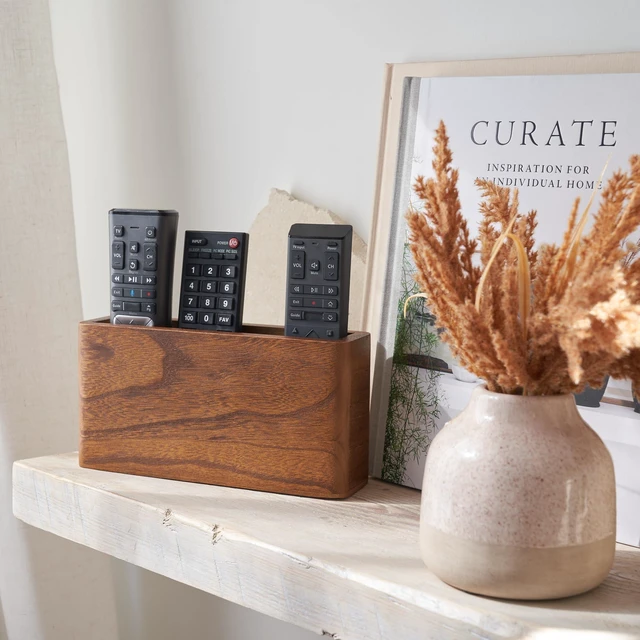 Main image of Wooden Remote Control Holder - Adhesive Wall Mount Caddy for 3-4 Remotes | Easy Install Natural Wood Organizer Keeps Them Neatly Organized - Perfect for Any Bed or Living Room Wall