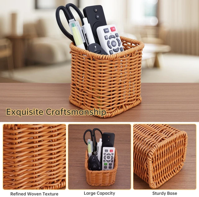 Alt view image 4 of 7 - Remote Caddy, Bedside Remote Control Holder, Synthetic Rattan Organizer for TV Remotes, Makeup Brushes & Office Supplies, Stylish Remote Holder for Table, Living Room, Bedroom & Office