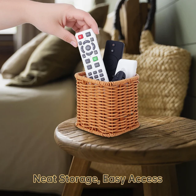 Alt view image 6 of 7 - Remote Caddy, Bedside Remote Control Holder, Synthetic Rattan Organizer for TV Remotes, Makeup Brushes & Office Supplies, Stylish Remote Holder for Table, Living Room, Bedroom & Office