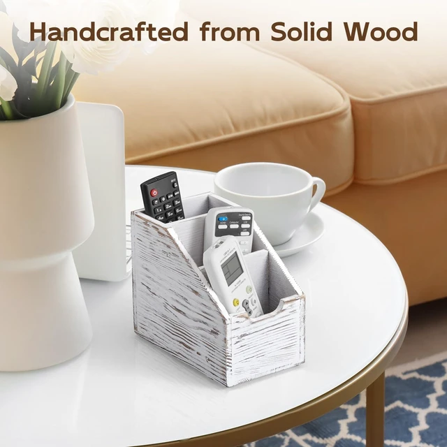 Alt view image 3 of 7 - Remote Control Holder, TV Remote Holder, Wood Farmhouse Remote Caddy for Table, Remote Organizer Caddy with 3 Slots, Remote Storage Box for Home Office, Rustic White