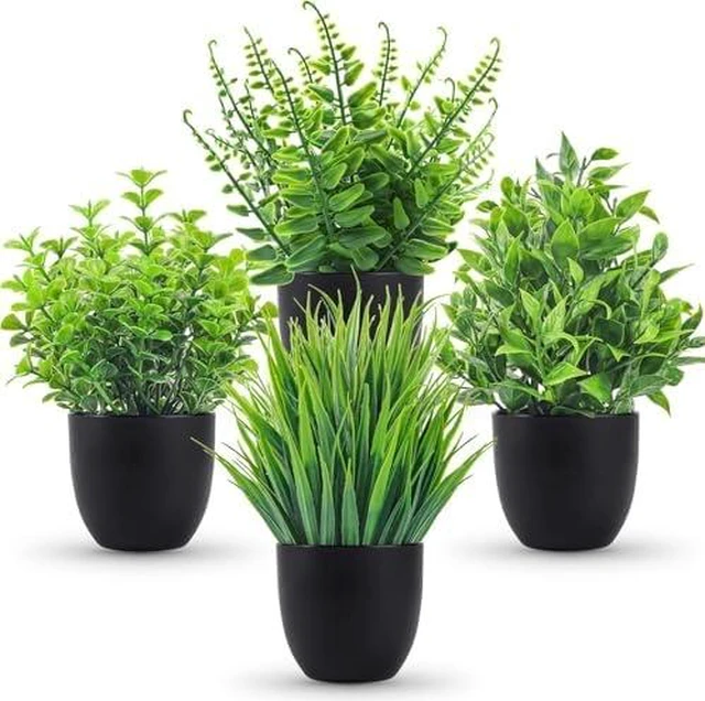 Main image of 4 Pack Mini Fake Plants in Black Pots, 7" Bathroom & Desk Decor | Small faux greenery for tiered tray, windowsill, shelf & kitchen decor, no watering, modern & gothic Halloween decor