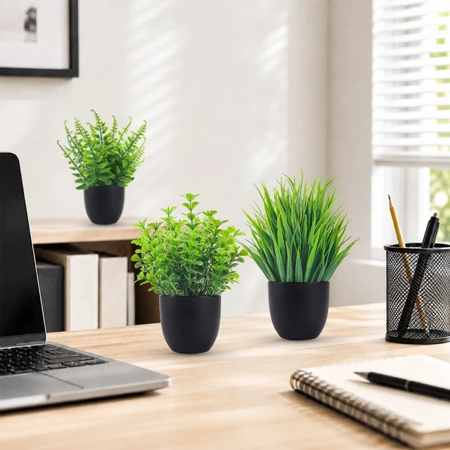 Alt view image 6 of 7 - 4 Pack Mini Fake Plants in Black Pots, 7" Bathroom & Desk Decor | Small faux greenery for tiered tray, windowsill, shelf & kitchen decor, no watering, modern & gothic Halloween decor