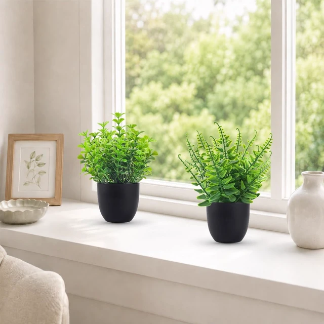 Alt view image 7 of 7 - 4 Pack Mini Fake Plants in Black Pots, 7" Bathroom & Desk Decor | Small faux greenery for tiered tray, windowsill, shelf & kitchen decor, no watering, modern & gothic Halloween decor