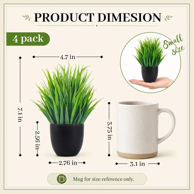 Alt view image 2 of 7 - 4 Pack Mini Fake Plants in Black Pots, 7" Bathroom & Desk Decor | Small faux greenery for tiered tray, windowsill, shelf & kitchen decor, no watering, modern & gothic Halloween decor
