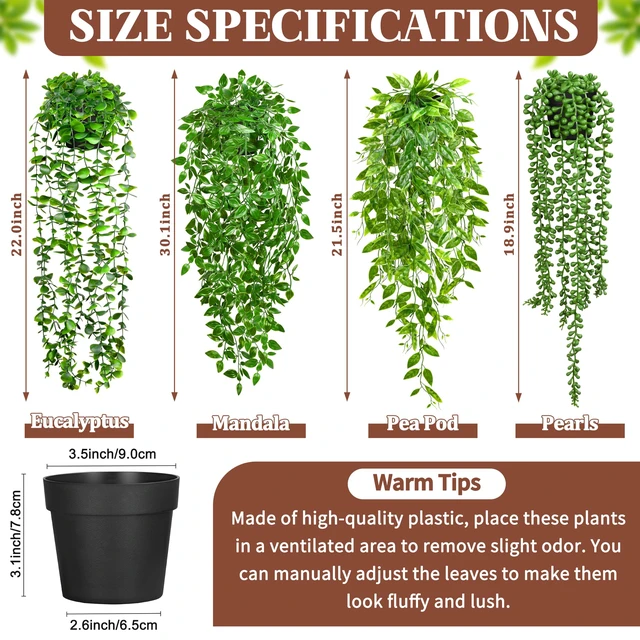 Alt view image 2 of 6 - 4Pcs Artificial Hanging Plants with Cascading Faux Vines | UV resistant fake greenery with pots faux for bathroom, kitchen, living room wall, shelf decor indoor