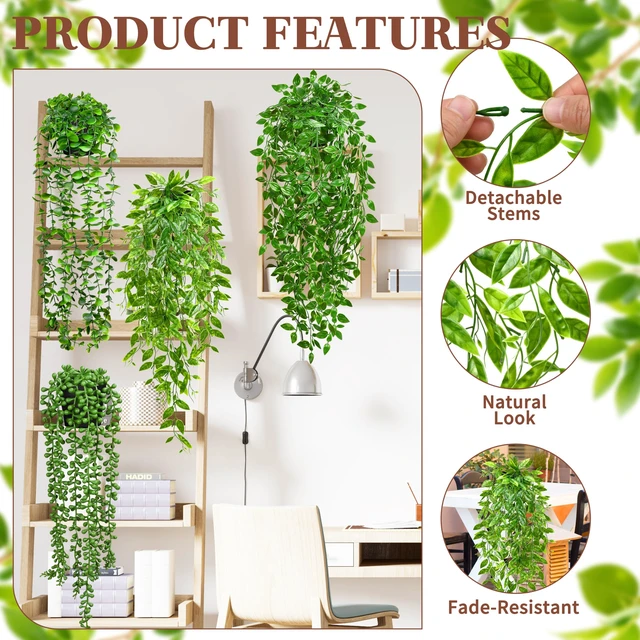 Alt view image 3 of 6 - 4Pcs Artificial Hanging Plants with Cascading Faux Vines | UV resistant fake greenery with pots faux for bathroom, kitchen, living room wall, shelf decor indoor