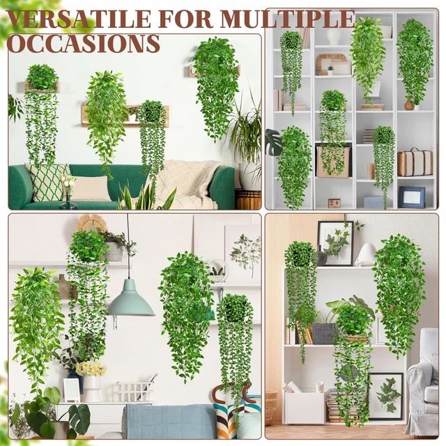 Alt view image 4 of 6 - 4Pcs Artificial Hanging Plants with Cascading Faux Vines | UV resistant fake greenery with pots faux for bathroom, kitchen, living room wall, shelf decor indoor