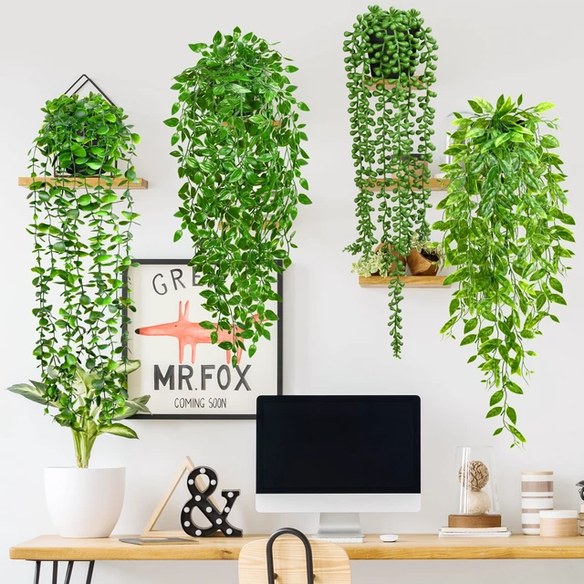 Alt view image 5 of 6 - 4Pcs Artificial Hanging Plants with Cascading Faux Vines | UV resistant fake greenery with pots faux for bathroom, kitchen, living room wall, shelf decor indoor