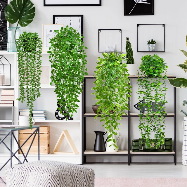 Alt view image 6 of 6 - 4Pcs Artificial Hanging Plants with Cascading Faux Vines | UV resistant fake greenery with pots faux for bathroom, kitchen, living room wall, shelf decor indoor