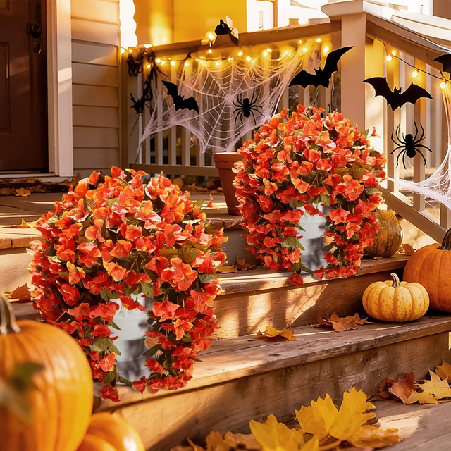Alt view image 2 of 7 - Bougainvillea Artificial Flowers Plants for Outdoors Outside Fall Autumn Decor, 2 pcs Faux Silk Long Trailing Vines UV Resistant Look Real Orange Fake Flowers for Front Door Porch Planter Urn Patio